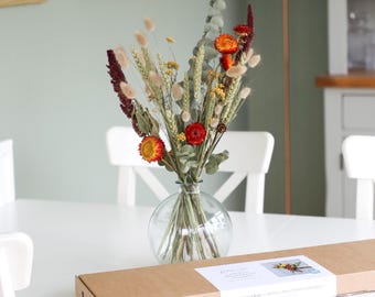 Bouquet boîte aux lettres de fleurs séchées lueur d'automne | Décoration d'intérieur orange, bordeaux, verte | Cadeau pour anniversaire, merci, nouvelle maison, fête des mères