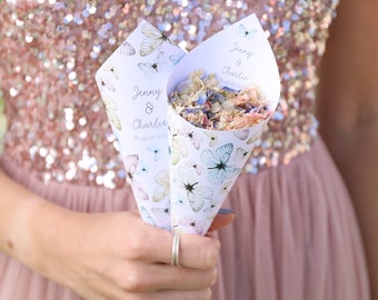 Personalised Butterflies Design Confetti Cone Box | 25 Confetti Cones, Biodegradable Petal Confetti with Display Box | Wedding Confetti