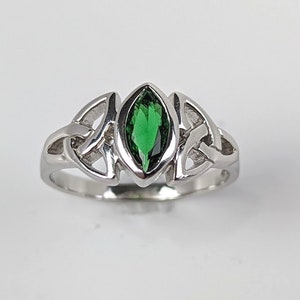 Ladies Simulated Emerald Celtic Rings in Sterling Silver with Rhodium Finish, Approx. Width 9.5mm, Size 7