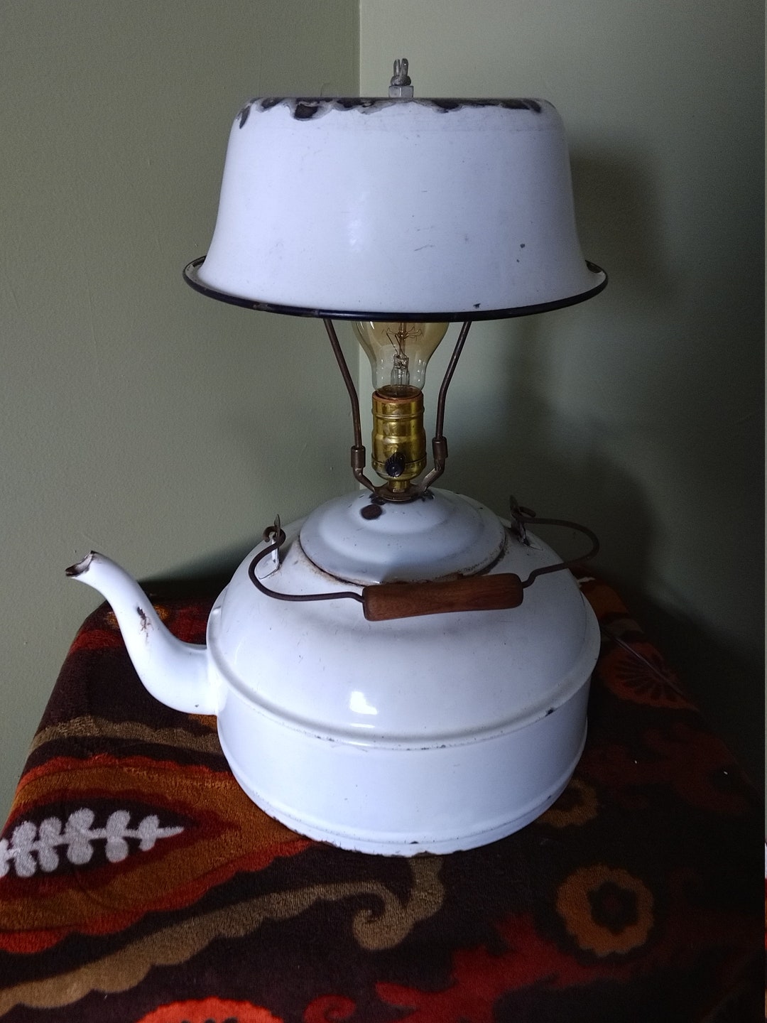 Vintage Enamelware Tea Kettle Lamp Etsy