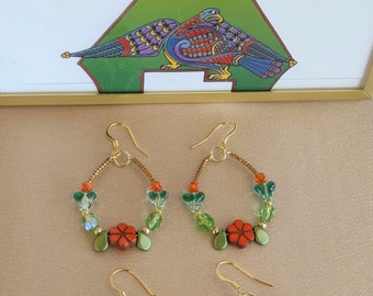 Czech Glass Flower Hoop Earrings: Green & Orange, 18k Gold Plated