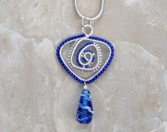 Blue Rose Necklace, beaded silver and blue swirl, blue lampwork glass bead, silver chain, Mackintosh rose flower
