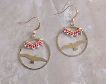 Seagull Earrings: Pink Sunset Miyuki Seed Beads, Brass Bird Pendants