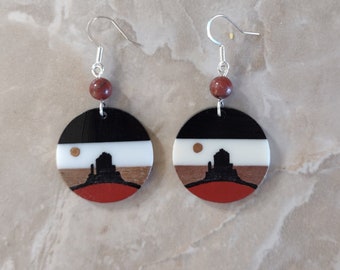 Southwestern Landscape Earrings: Resin Wood, Jasper, Sterling Silver