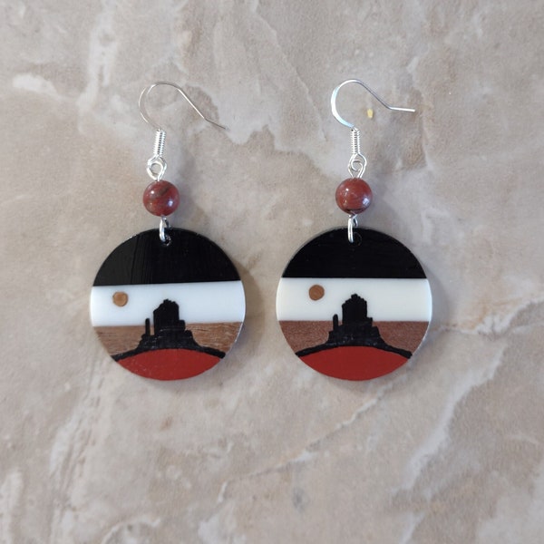 Southwestern Earrings, mesa landscape, black mountains, resin wood pendants, red jasper beads, sterling silver ear wires