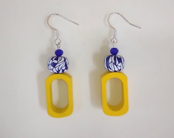 Geometric Earrings: Yellow Wood, Blue & White Beads, Steel Hooks