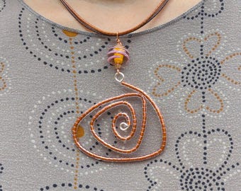 Copper Wire Rose Necklace: Miyuki Seed Beads, Murano Glass, Leather Cord