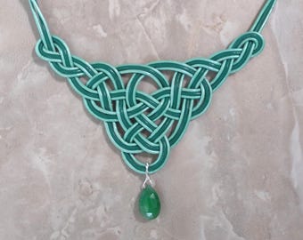 Celtic Knot Necklace: Emerald Teardrop, Green Leather Cord - Irish Jewelry