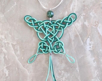 Celtic Knot Butterfly Necklace: Green Leather Cord & Moss Agate Bead