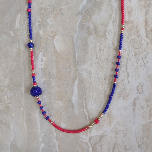 Colorblock Necklace, Miyuki seed beads, cobalt blue, red, gold, 24 in. long asymmetrical beaded necklace