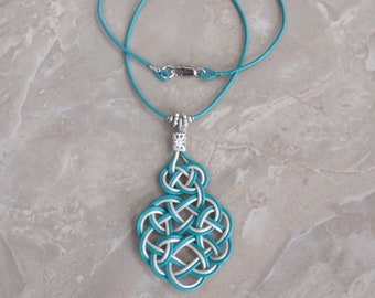 Handmade Celtic Knot Necklace: Turquoise Leather Cord, Silver Beads