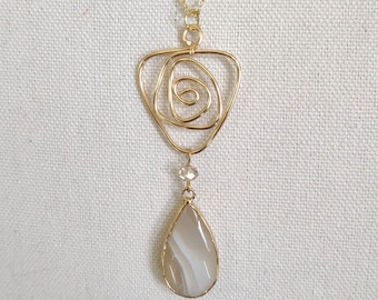 Gold Rose Necklace with agate drop, gold swirl pendant, Art Nouveau, Mackintosh Glasgow Rose style, 20in gold chain