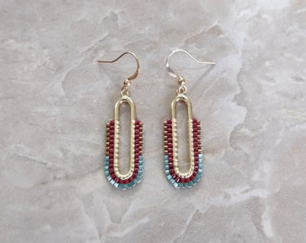 Long oval beaded earrings, seed bead earrings, red green gold, long gold ovals, modern colorblock earrings