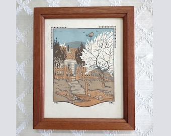 Gustave Baumann woodblock print, April from All the Year Round, spring scene, cabin and tree, 8x10 cherry wood frame, arts and crafts style