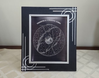 Art Deco Astronomy Print: Terrestrial Celestial Globes in Black & Silver Frame