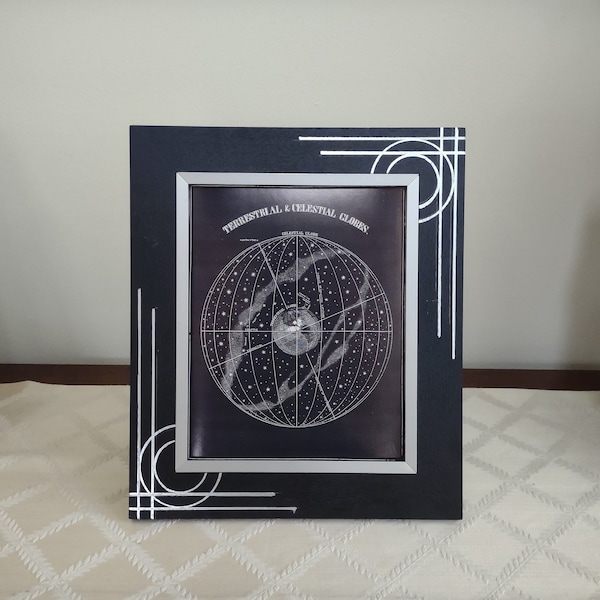 Astronomy Print in Art Deco black frame, celestial print of Earth and stars, hand painted black and silver frame, gift for men