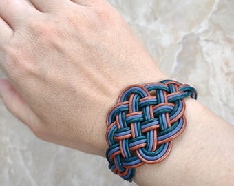 Celtic Knot Leather Bracelet: Green, Blue & Brown Woven Cord, Copper Clasp