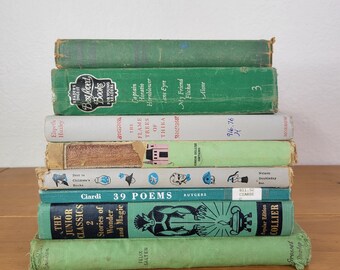 Vintage decorative green bookstack, books for rustic decor, antique green books, spring decorating, old childrens books, nursery decor