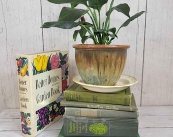 Vintage decorative gardening books, bookstack, books for rustic decor, antique books, plants, forest themed staging