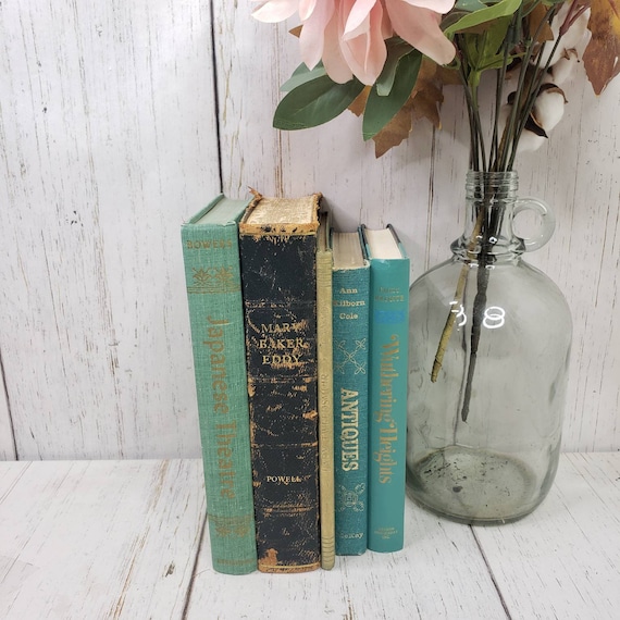 Vintage decorative books green antiques themed bookstack Etsy