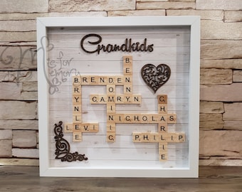 Scrabble Family Name Frame Art, Family Tree Wall Art, Scrabble Tile Names, Mother's Day Gift for Her, Grandma Gift, Brown Lght