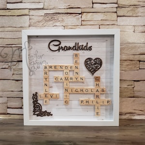 Scrabble Family Name Frame Art, Family Tree Wall Art, Scrabble Tile Names, Mother's Day Gift for Her, Grandma Gift, Brown Lght