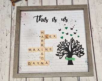 Cuadro decorativo con nombre familiar de Scrabble, árbol genealógico para pared, nombres en fichas de Scrabble, regalo para abuelos, regalo para padres, regalo para la abuela, árbol