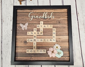 Scrabble Family Name Frame Art, Family Tree Wall Art, Scrabble Tile Names, Mother's Day Gift for Her, Grandma Gift, Cream Dark