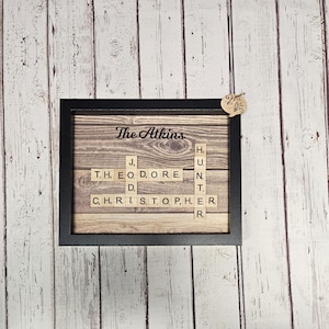 Scrabble Family Name Frame Art, Family Tree Wall Art, Scrabble Tile Names, Mother&#39;s Day Gift for Her, Black Dark