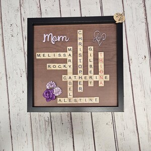 Scrabble Family Name Frame Art, Family Tree Wall Art, Scrabble Tile Names, Mother&#39;s Day Gift for Her, Grandma Gift, Purple