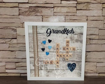 Scrabble Family Name Frame Art, Family Tree Wall Art, Scrabble Tile Names, Mother's Day Gift for Her, Grandma Gift, Blue