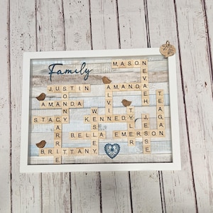 Scrabble Family Name Frame Art, Family Tree Wall Art, Scrabble Tile Names, Mother&#39;s Day Gift for Her, Grandma Gift, Teal