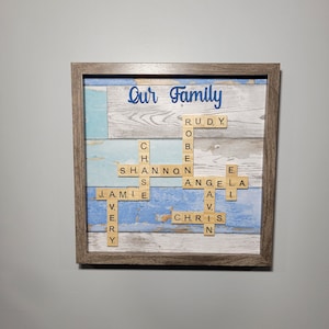 Scrabble Family Name Frame Art, Family Tree Wall Art, Scrabble Tile Names, Mother&#39;s Day Gift for Her, Grandma Gift, Blue