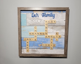 Scrabble Family Name Frame Art, Family Tree Wall Art, Scrabble Tile Names, Mother's Day Gift for Her, Grandma Gift, Blue