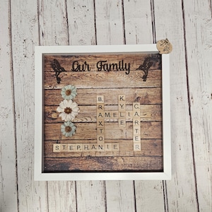 Scrabble Family Name Frame Art, Family Tree Wall Art, Scrabble Tile Names, Mother&#39;s Day Gift for Her, Grandma Gift, Brown Dark