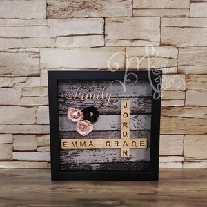 Scrabble Family Name Frame Art, Family Tree Wall Art, Scrabble Tile Names, Mother&#39;s Day Gift for Her, Grandma Gift, Pink
