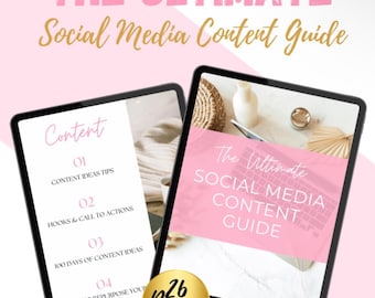 May include: Two tablets displaying a social media content guide. The text "The Ultimate Social Media Content Guide" is visible. One tablet shows content ideas, hooks, and 100 days of content ideas. A gold circle reads "26 Pages". The background is pink and white.