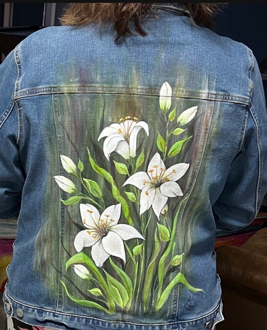 Hand Painted Denim Jacket, Hand Painted Flowers, Hand Painted Lily