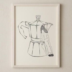 Minimalist Coffee Art Print | Moka Pot Drawing with Girl | Modern Wall Decor | A4 A3 Illustration | Coffee Lover Gift