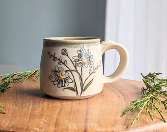 Handmade pottery daisy mug, small ceramic coffee or tea mug, wheel thrown mug for gardener, floral décor, wildflower pottery, 8 ounce