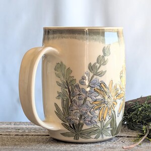 Handmade extra large pottery wildflower mug, lupine, balsam root, sage brush, ceramic coffee or tea mug, wildflower 20 ounce coffee cup