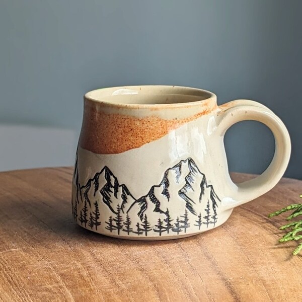Mountain landscape mug, small 5 ounce coffee mug, handmade pottery cup, unique ceramic hand carved rocky mountain pottery, unique gift idea