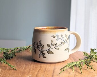 Handmade pottery vine mug, 10 ounce ceramic coffee mug, white and brown tea cup, natural kitchen theme, dinnerware, handcrafted pottery art