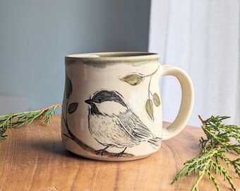handmade pottery chickadee mug, small 10 ounce bird mug, brown artisan coffee cup, gift for coffee lovers, Idaho art, handmade unique mug