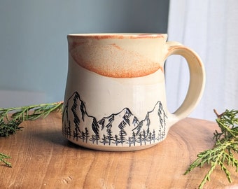 Mountain landscape mug, 12 ounce coffee mug, handmade pottery cup, unique ceramic mug, hand carved rocky mountain pottery, unique gift idea