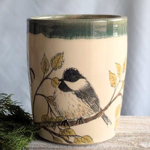 Chickadee decorated utensil holder, spoon holder for counter top, Idaho pottery, ceramic crock, botanical carving, bird home decor