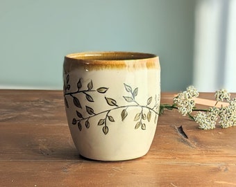 vine covered pottery tea cup, ceramic sipper, 12 ounce tumbler, decorative pottery, cup without handle, nature lover gift, gift for gardener