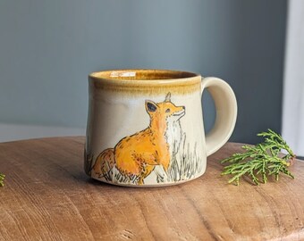 handmade pottery mug, small 8 ounce mug, red fox decoration, brown artisan coffee cup, gift for coffee lovers, Idaho art, unique mug