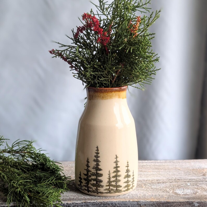 Ceramic Bud Vase, pine tree pottery vase, earth colors, bottle vase, trinket, shelf vase, handmade art