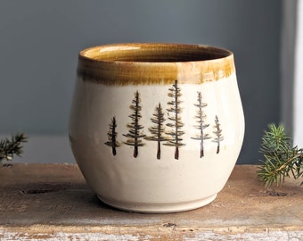 Pine tree pottery tea cup, ceramic sipper, 12 ounce tumbler, decorative pottery cup, cup without handle, nature lover gift, gift for mom